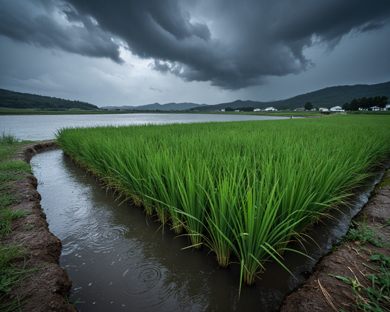 South Korean agricultural landscape under monsoon clouds