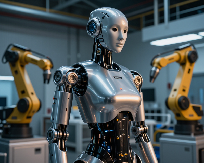 Futuristic Humanoid Robot in Advanced Factory